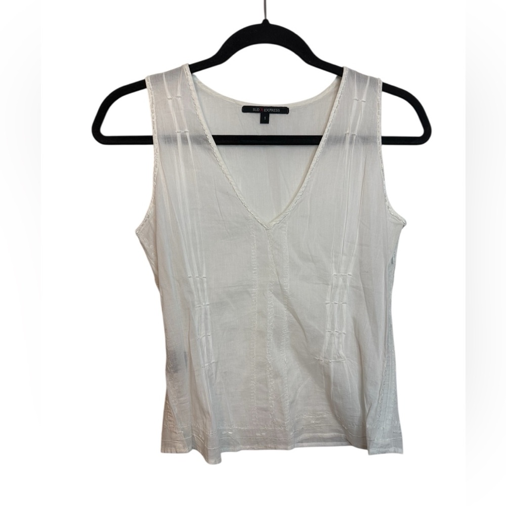 SUD Express White Cotton Beaded Pintuck Cottagecore Fairy Top